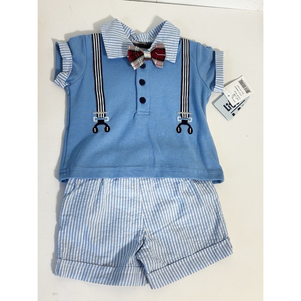NWT Little Lad 3/6M Boys Blue Polo Bodysuit Seersucker Stripe Shorts Bow Tie Set